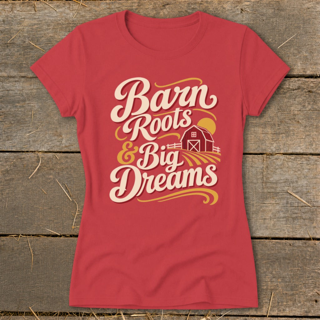 Red t-shirt with "Barn Roots & Big Dreams" text and barn graphic.