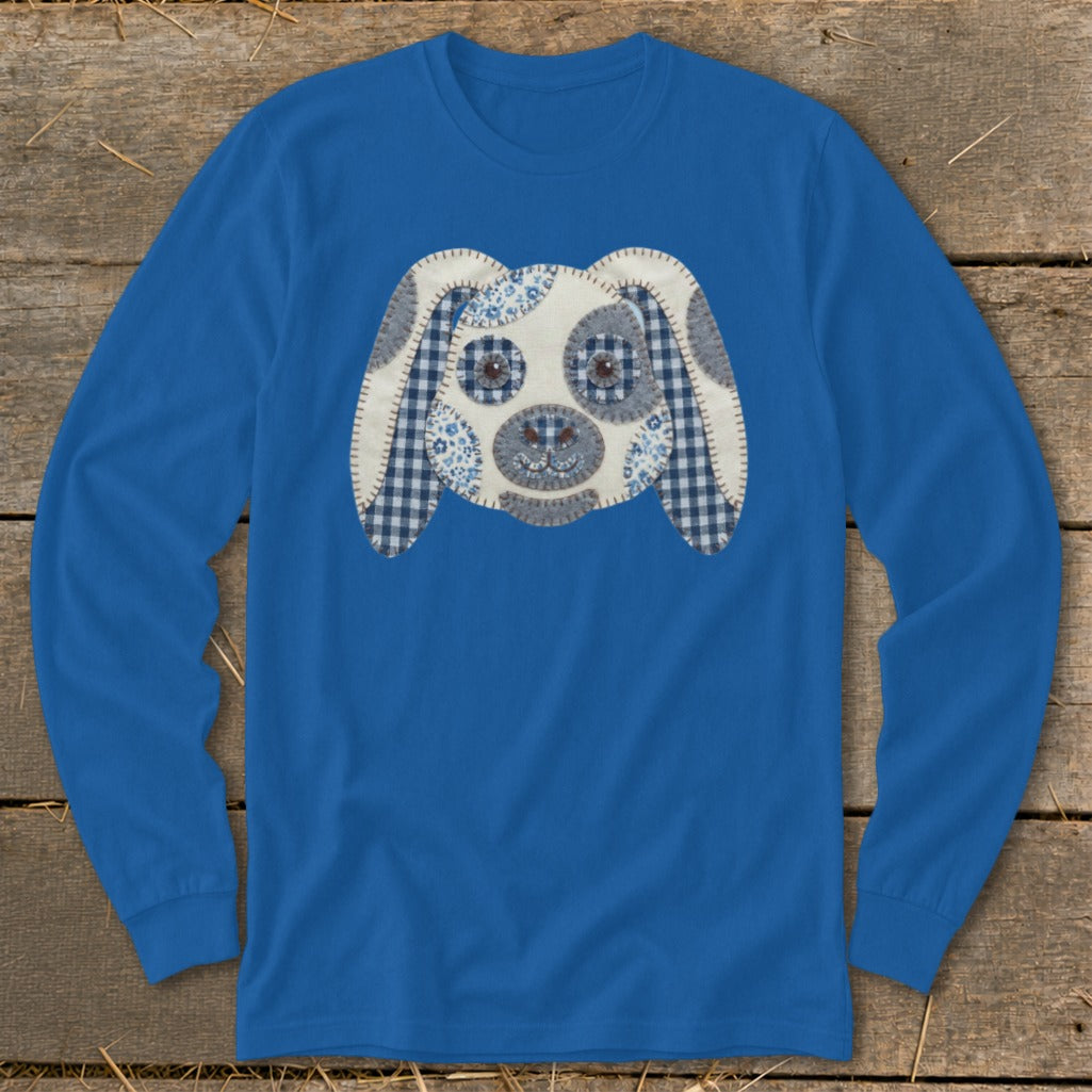 Blue long-sleeve shirt with a patchwork dog face applique.