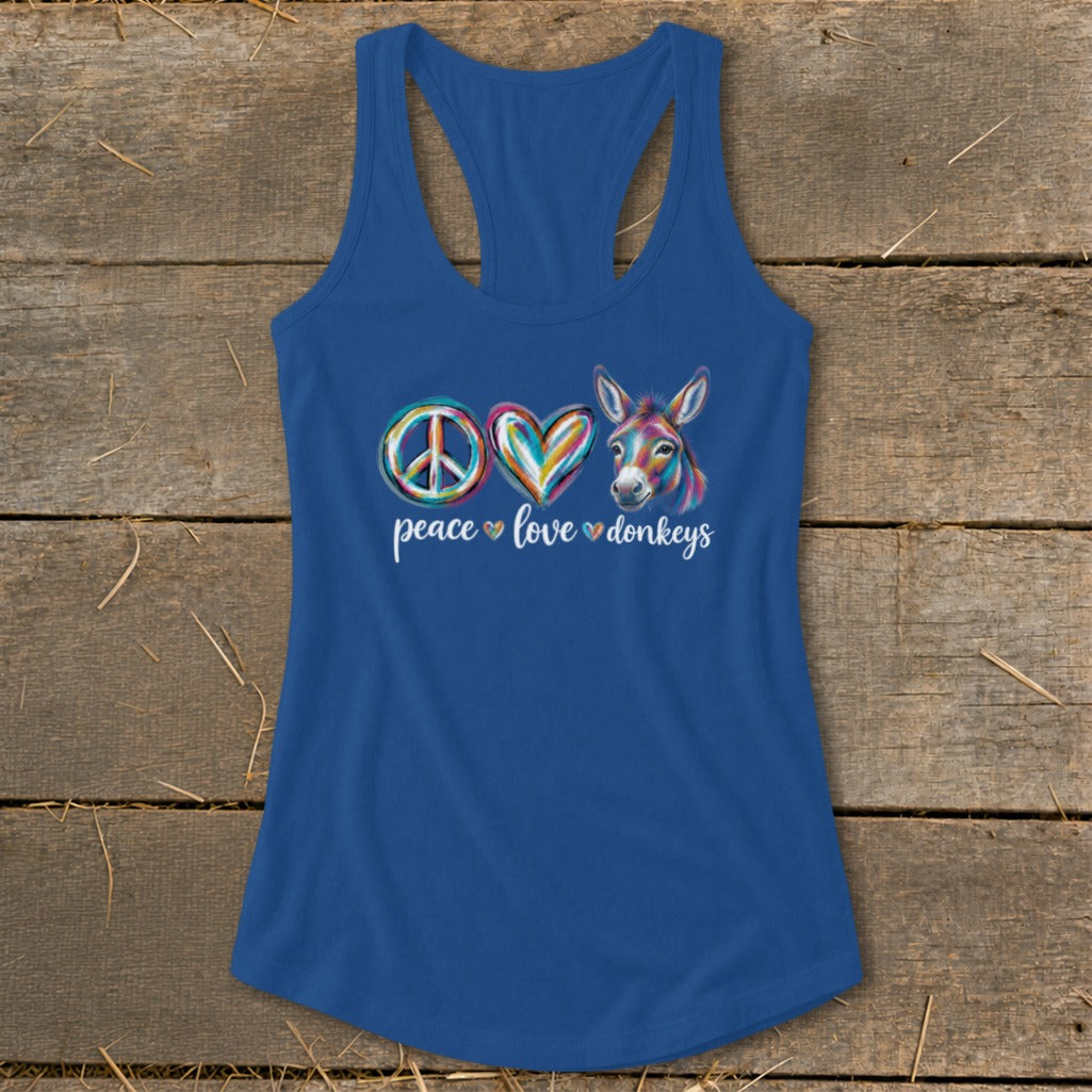 Blue tank top with "peace love donkeys" text and colorful donkey graphic.