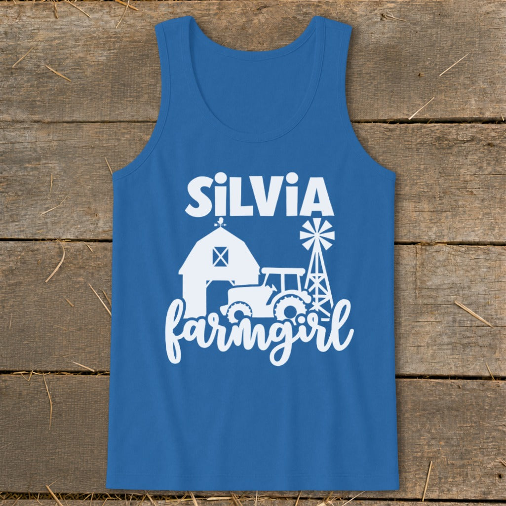 Blue tank top with white "SiLVIA farmgirl" text and farm graphics.