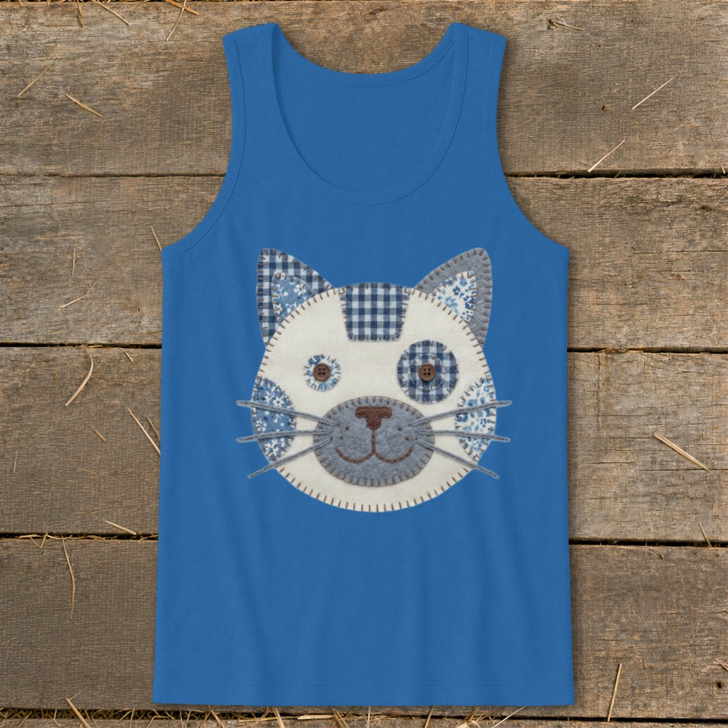 Blue tank top with a patchwork cat face applique.