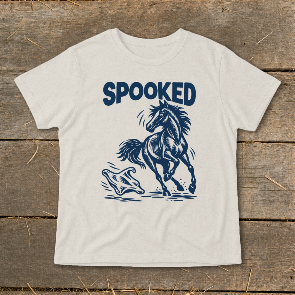 T-shirt with a navy blue graphic of a spooked horse near a ghost and the word SPOOKED.