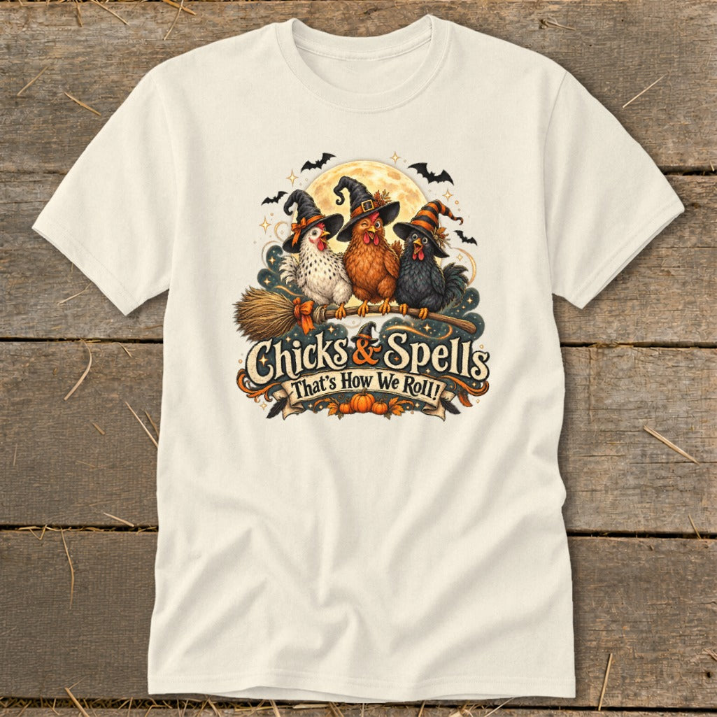 Three chickens wearing witch hats sit on a broomstick with "Chicks & Spells" text.