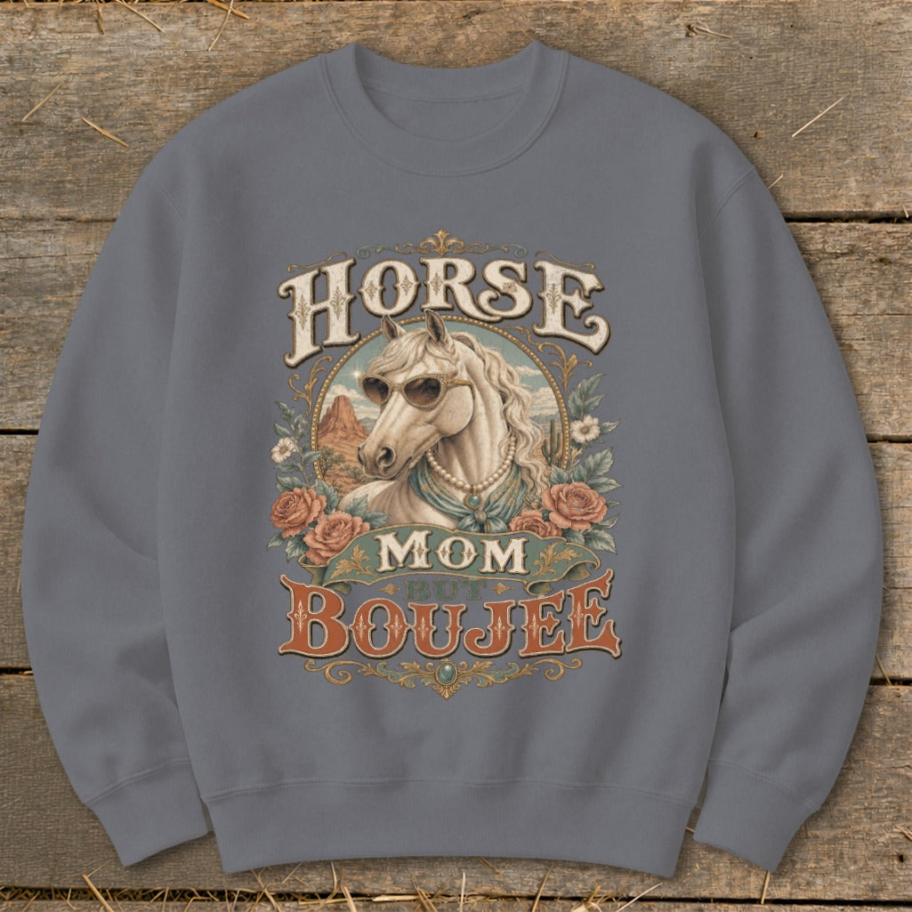 Horse Mom But Boujee graphic on gray crewneck sweatshirt