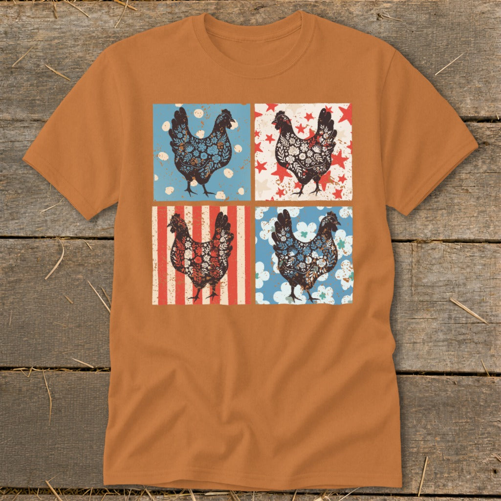 Four silhouetted chickens with floral patterns on patriotic backgrounds.