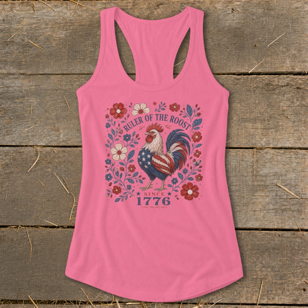 Pink tank top with patriotic rooster, flowers, and text "Ruler of the Roost Since 1776".