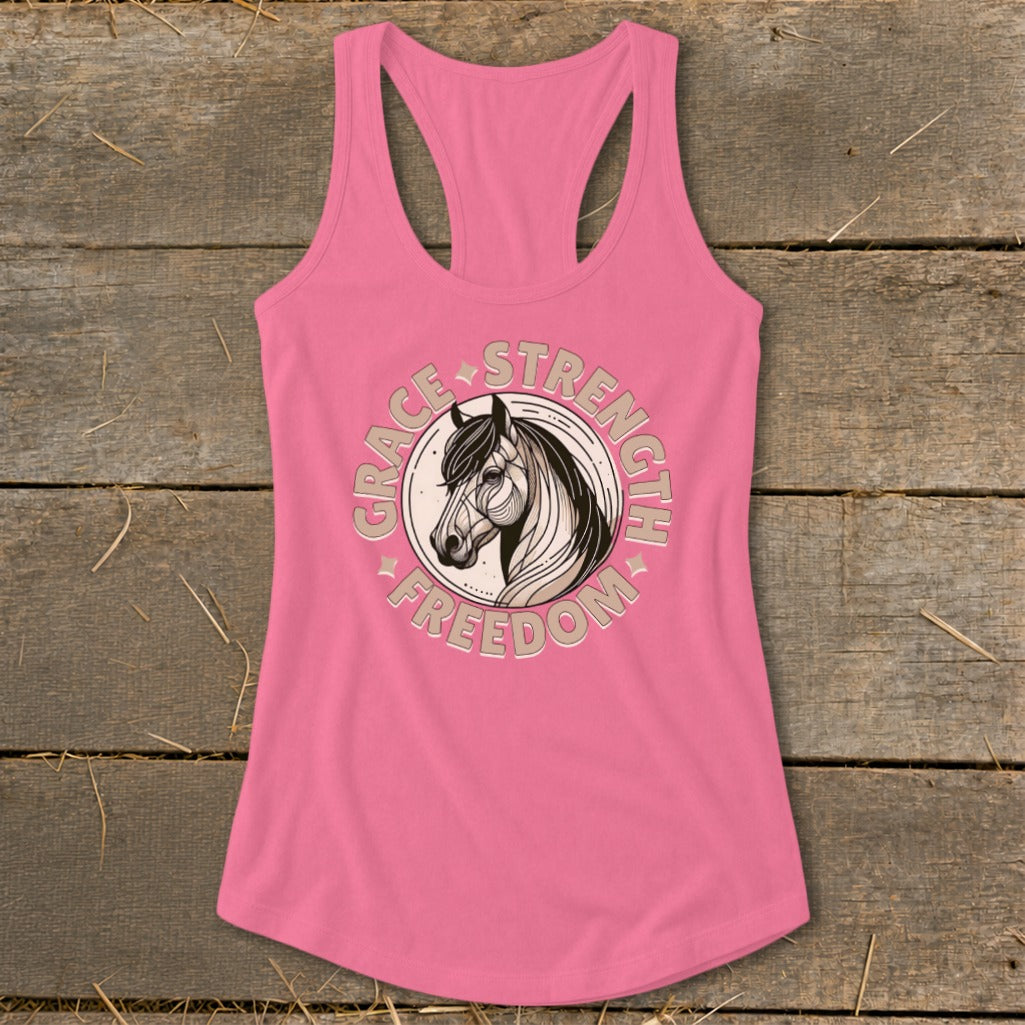 Pink tank top with horse graphic and text "Grace, Strength, Freedom".