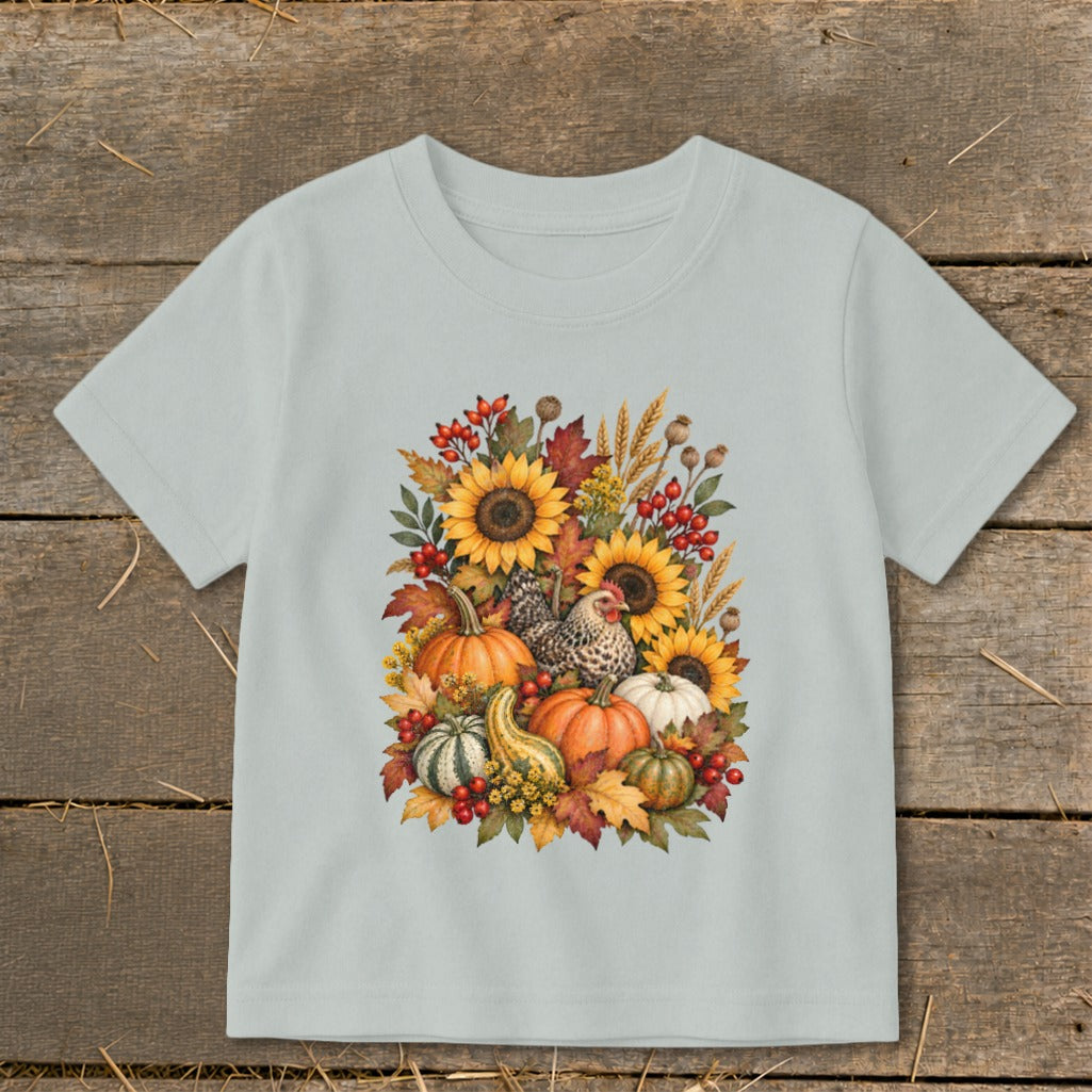 Light blue t-shirt with a watercolor print of sunflowers, pumpkins, gourds, berries, and chickens.
