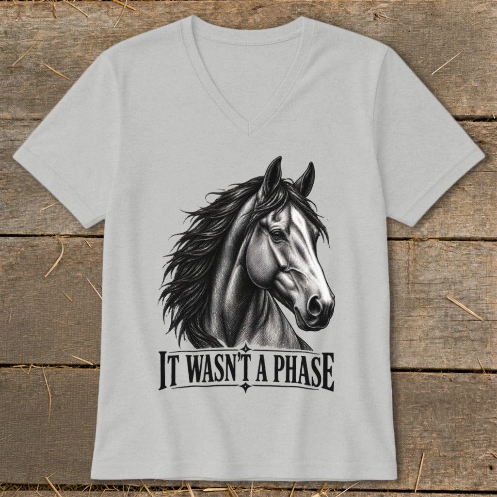 Light grey v-neck t-shirt with a black and white drawing of a horse and text "IT WASN'T A PHASE".