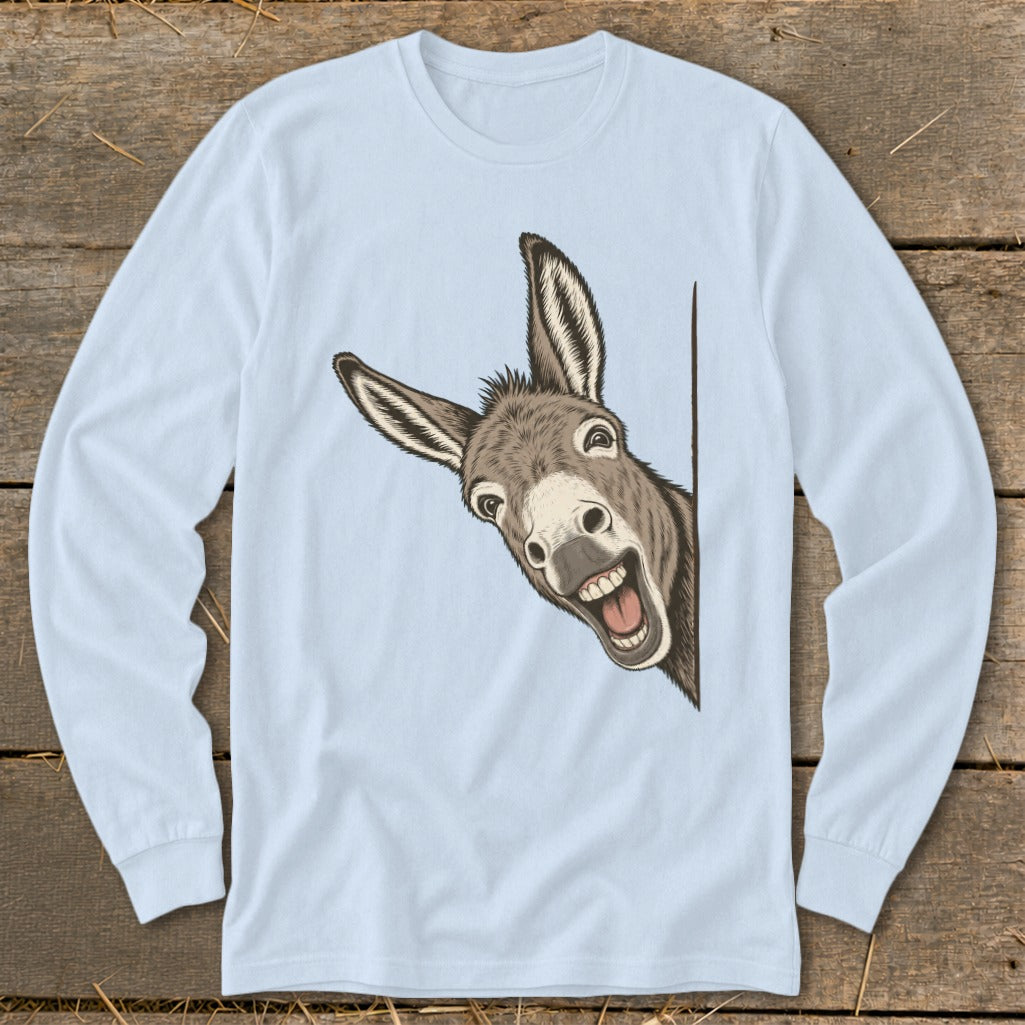 Long sleeve shirt with a drawing of a happy donkey peeking over a corner.