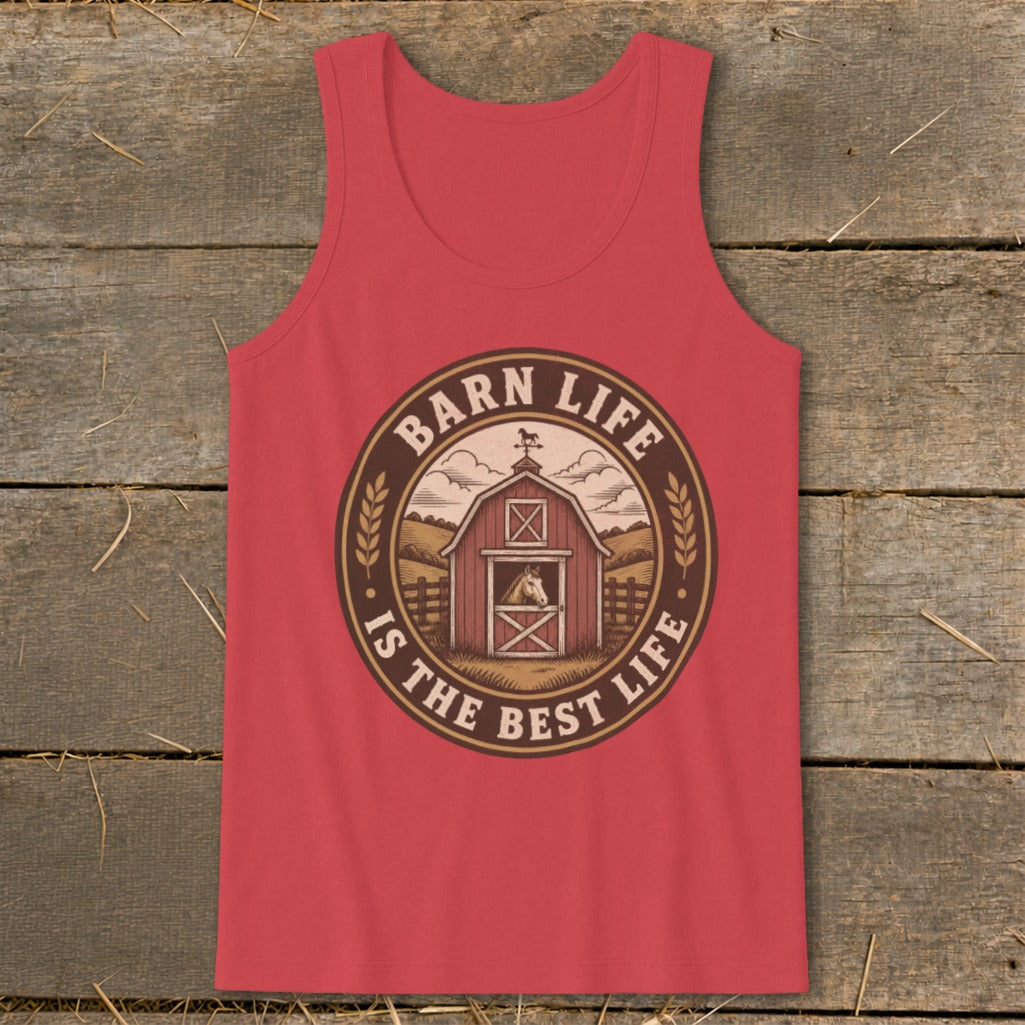 Tank top with a circular graphic featuring a barn, horse, and the text "Barn Life Is The Best Life."