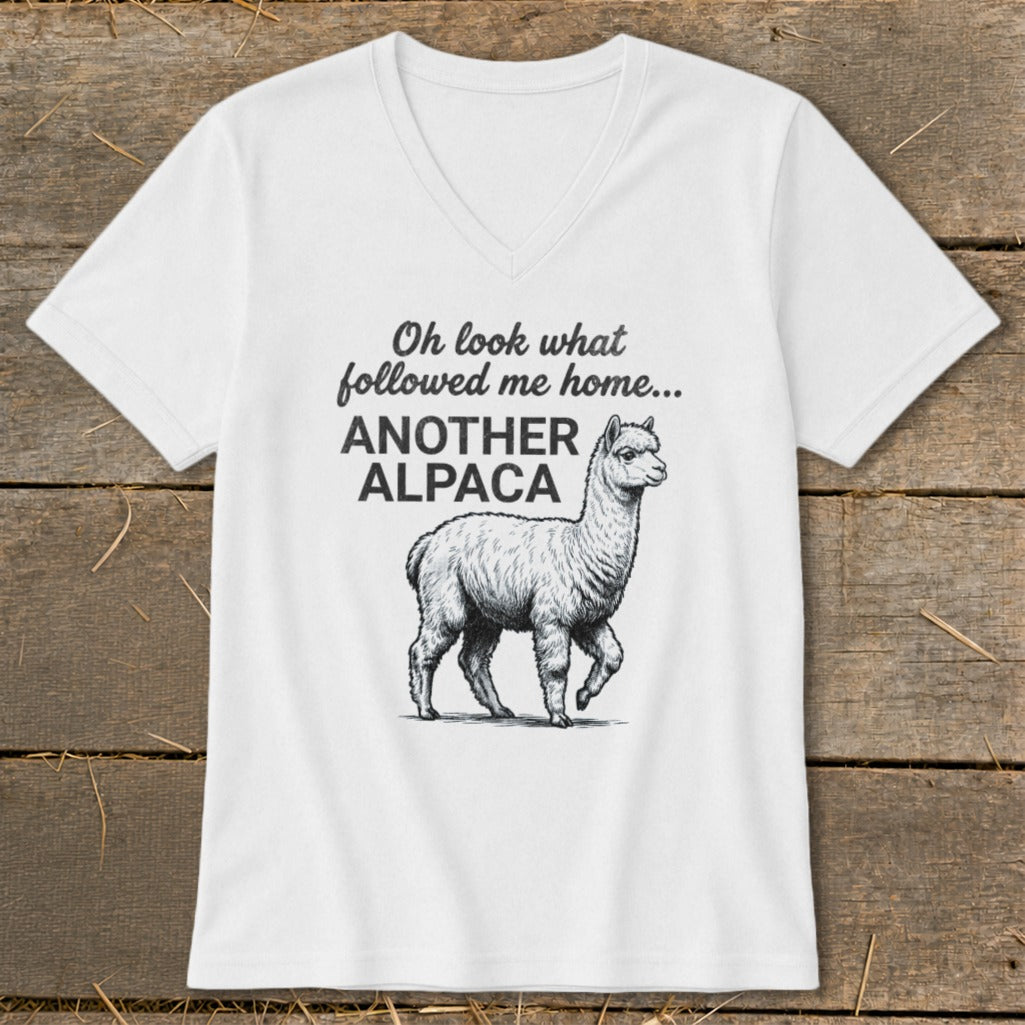 White t-shirt with "Oh look what followed me home... ANOTHER ALPACA" and an alpaca graphic.