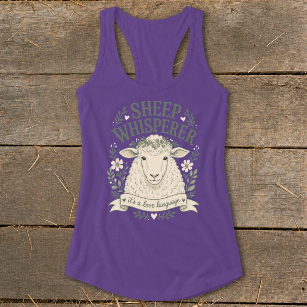 Purple tank top with a sheep graphic and the text "Sheep Whisperer."