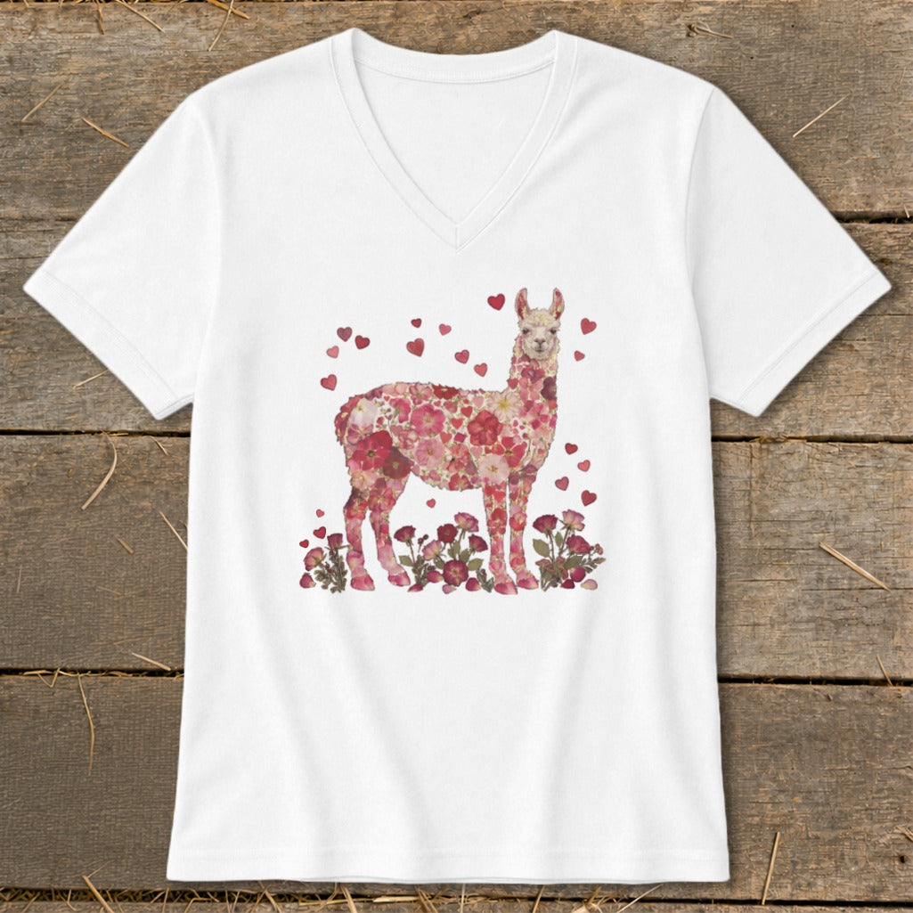 White t-shirt with a floral llama graphic surrounded by hearts and flowers.