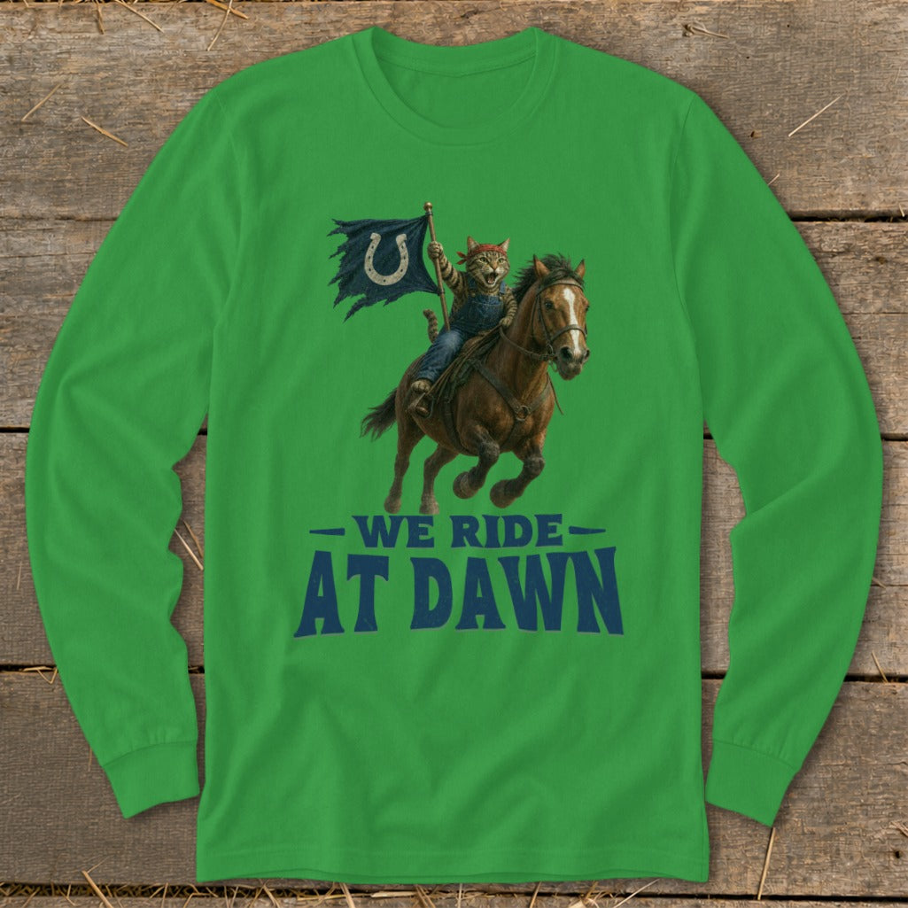 Cat riding horse holding flag with horseshoe logo and text "We Ride At Dawn."