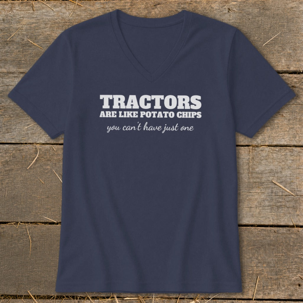 Navy t-shirt with white text: Tractors are like potato chips, you can't have just one.