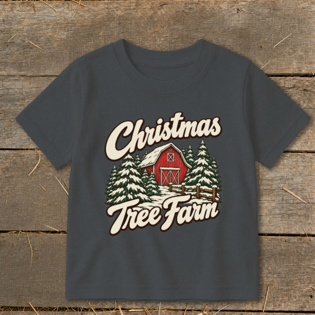 T-shirt with "Christmas Tree Farm" text and a barn with pine trees.