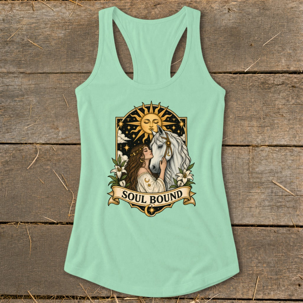 Woman with white horse, sun, stars, and lilies, with text "SOUL BOUND".
