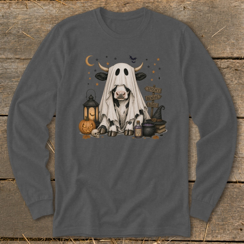 Cow wearing a ghost costume with Halloween decorations and spooky signs.