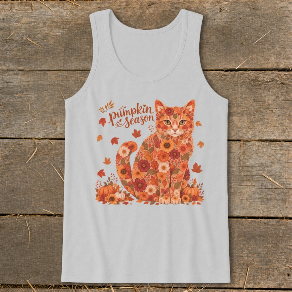 Light gray tank top with a cat made of flowers and autumn leaves, with "Pumpkin Season" text.