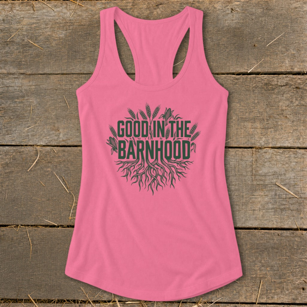 Pink tank top with "Good in the Barnhood" text and agricultural graphic.