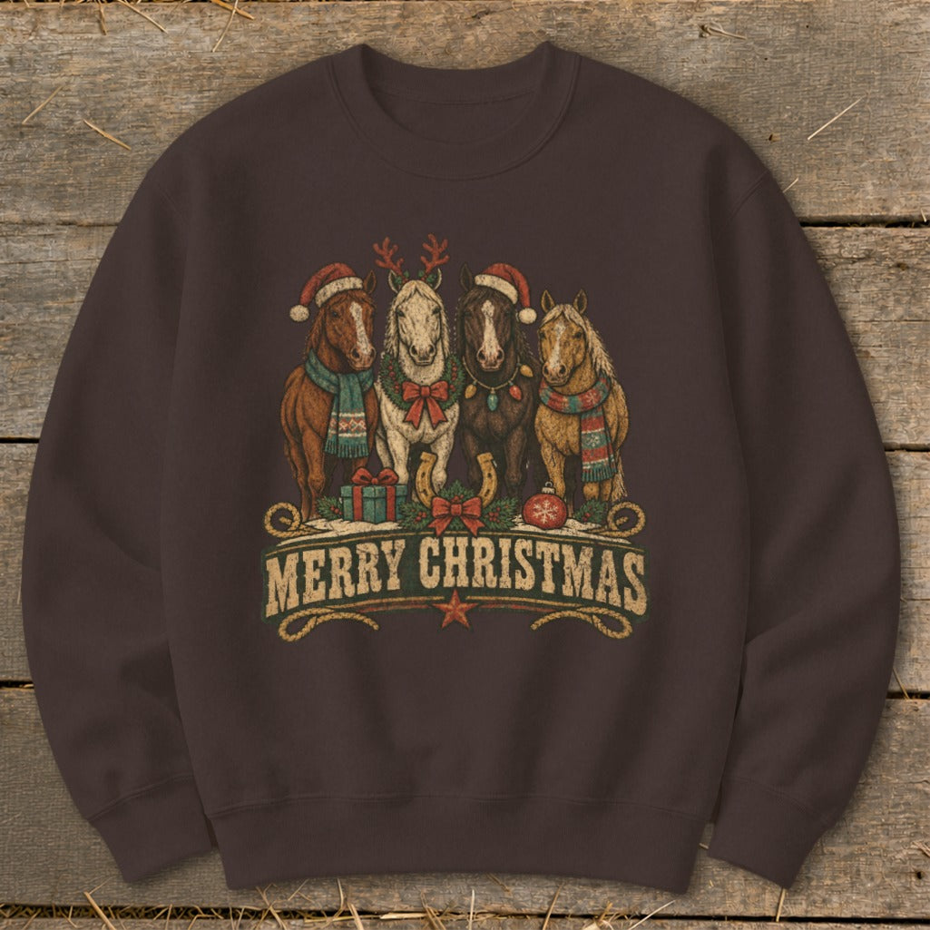 Four horses wearing Santa hats and scarves with "Merry Christmas" text.