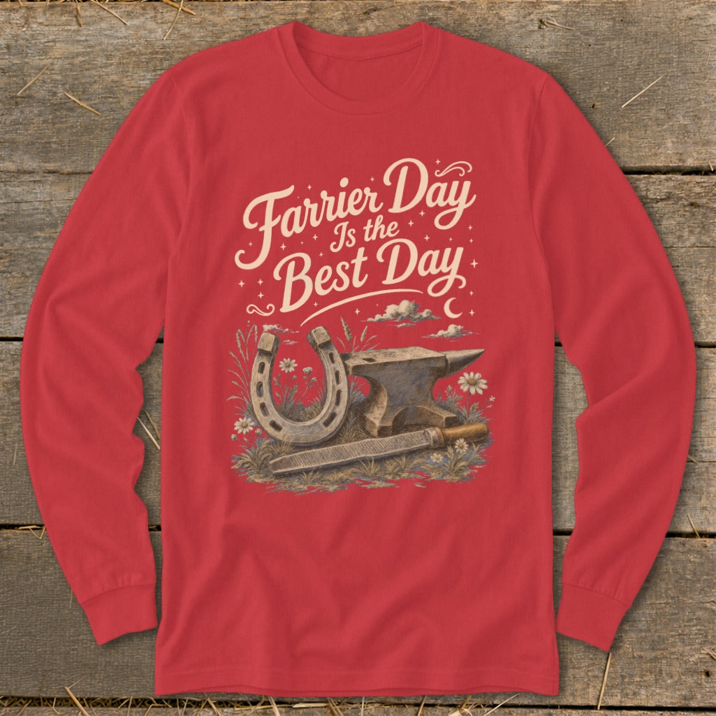 Red long-sleeve shirt with "Farrier Day Is the Best Day" graphic and horseshoe.