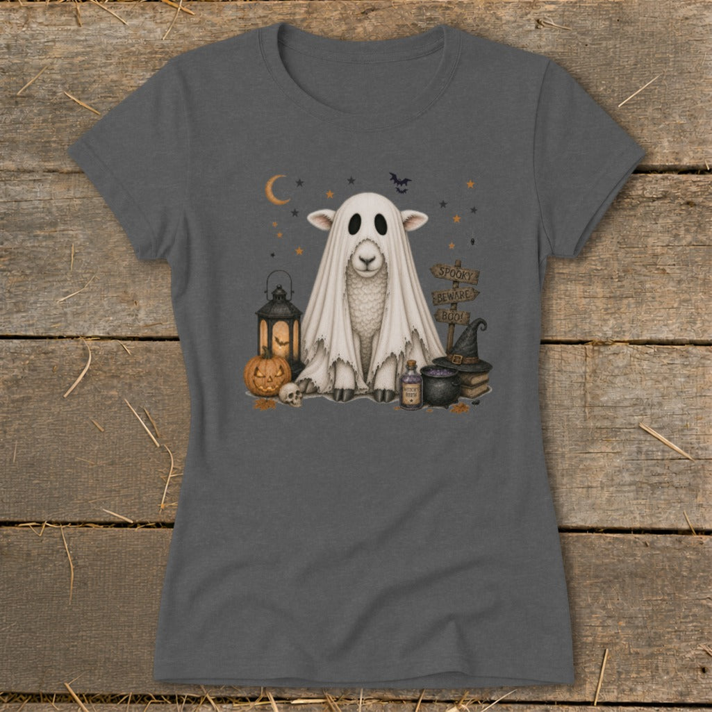 Sheep dressed as a ghost with Halloween decor, sign says "Spooky Beware Boo!".