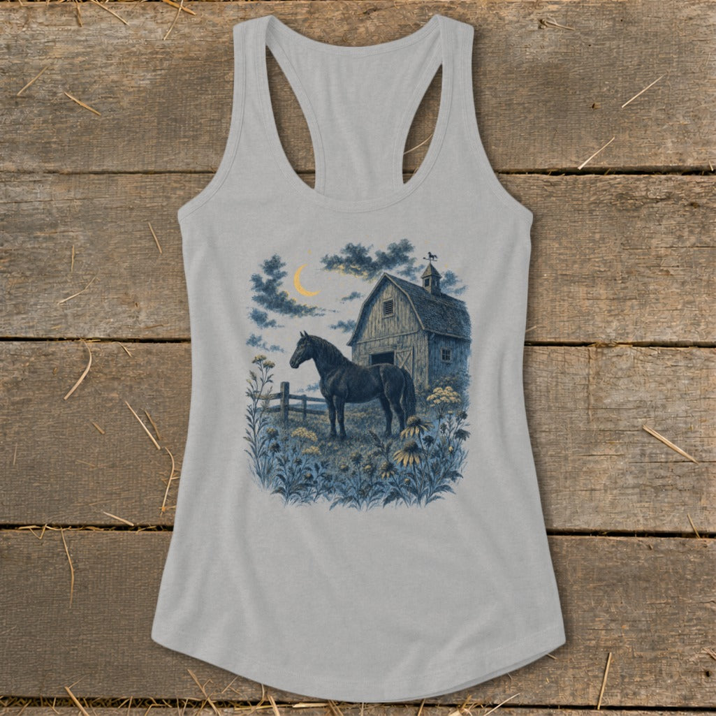 Black horse in a field with a barn and moon at night