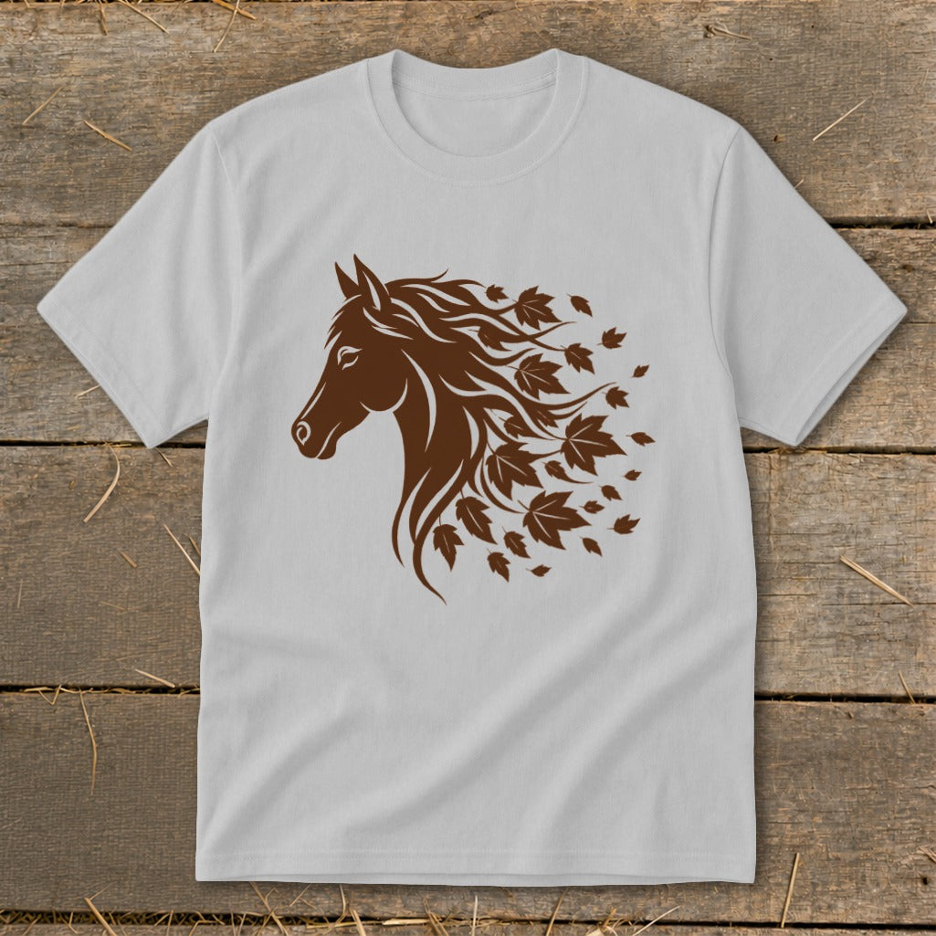 Brown horse head with flowing mane transforming into autumn leaves.