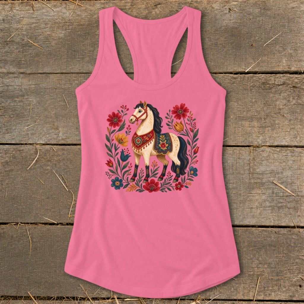 Pink tank top with a cream horse surrounded by colorful floral art.