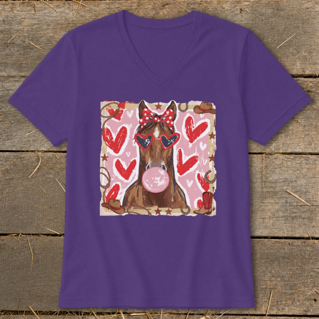 Horse with heart sunglasses and bubblegum, surrounded by hearts and western motifs.