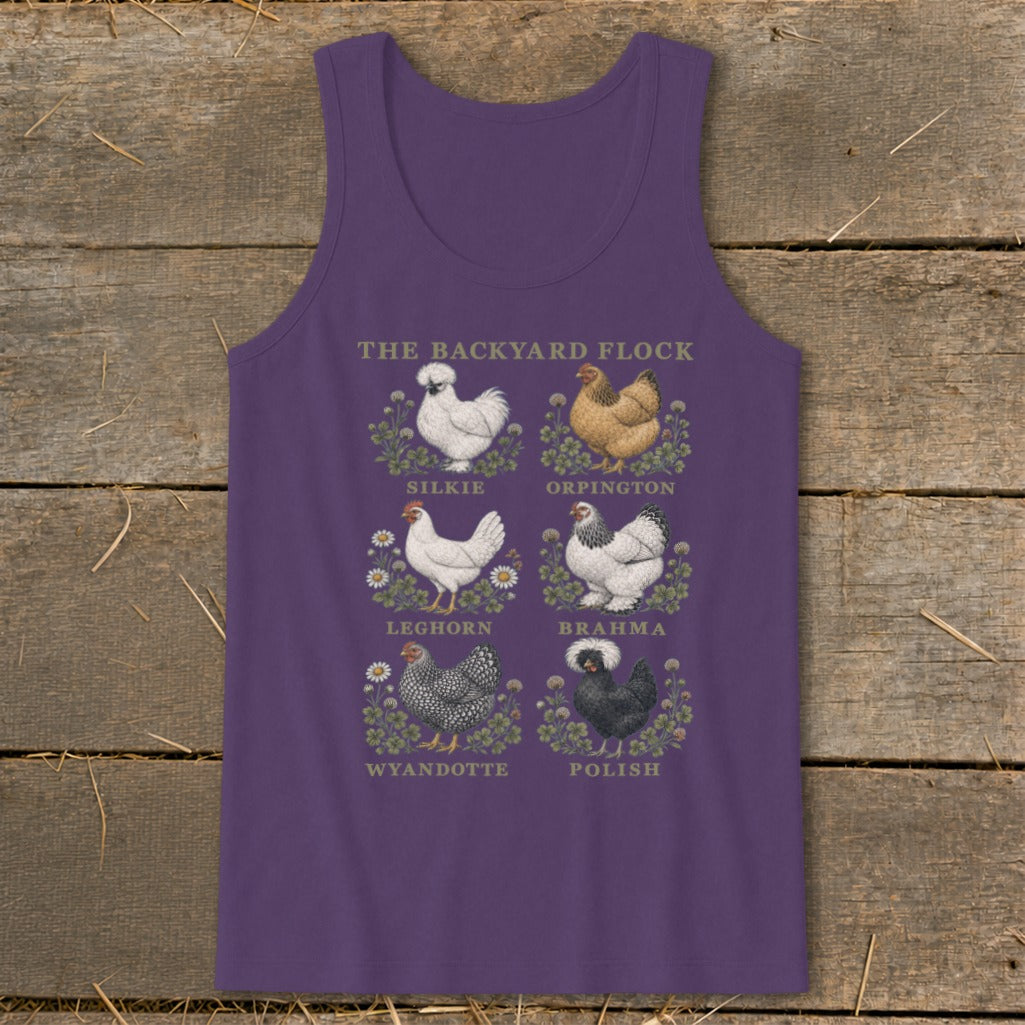 Purple tank top with illustration of six chicken breeds, titled "The Backyard Flock."