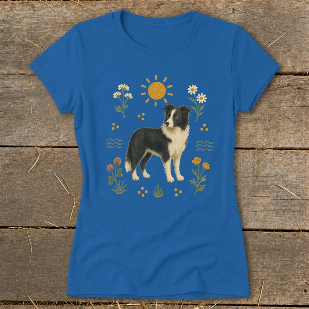 Blue t-shirt with a Border Collie surrounded by stylized flowers, sun, and waves.
