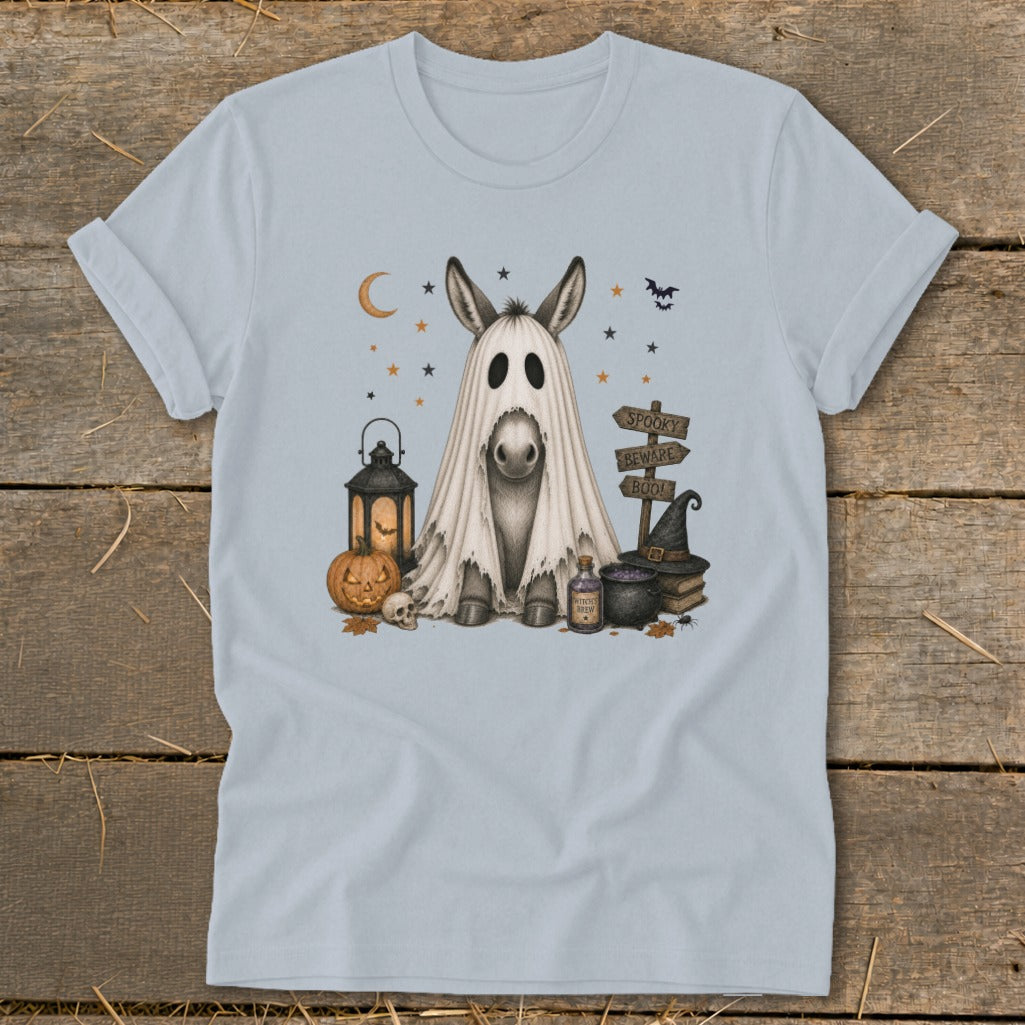 Donkey dressed as a ghost surrounded by Halloween decorations, with text "SPOOKY BEWARE BOO!".