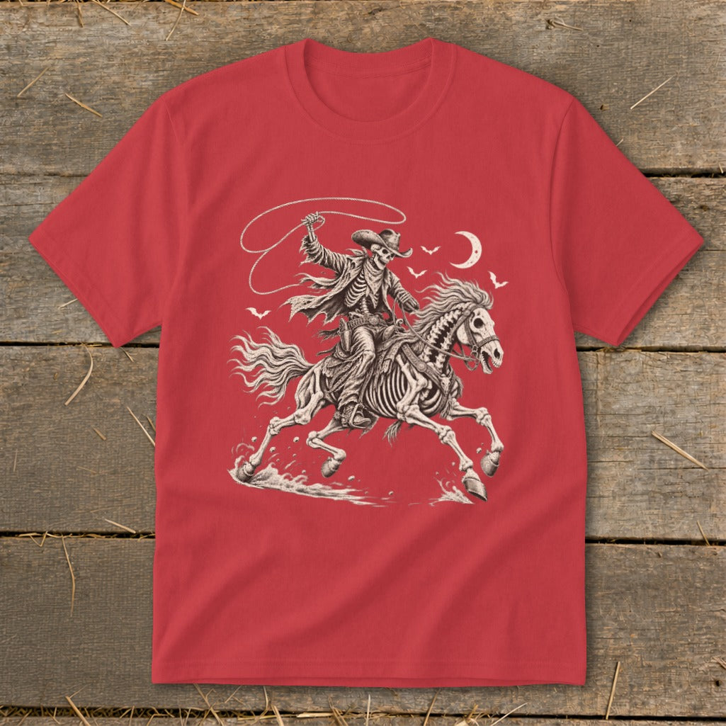 Skeleton cowboy on a horse with a lasso under a crescent moon.