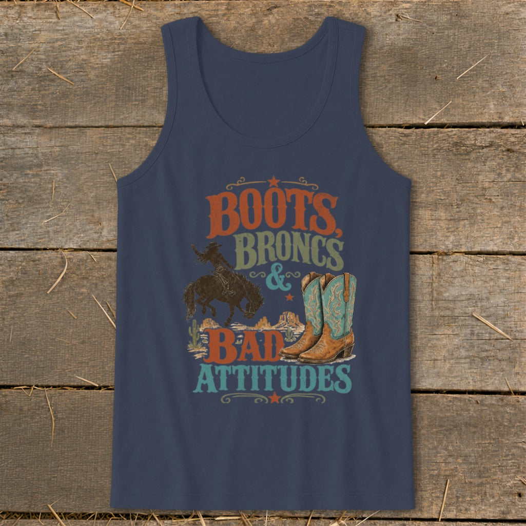 Navy tank top with "Boots, Broncs & Bad Attitudes" graphic and cowboy imagery.