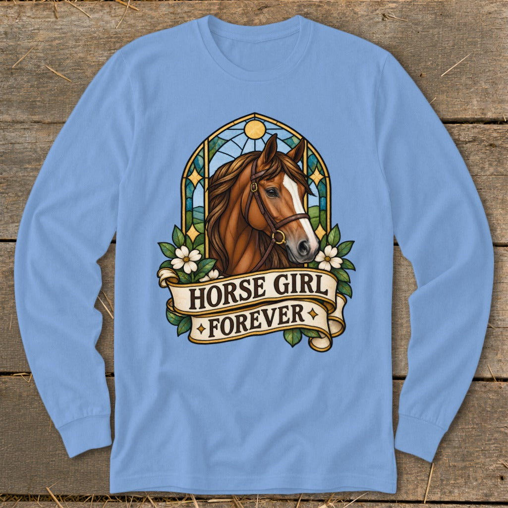 Horse portrait framed in stained glass with banner saying "Horse Girl Forever".
