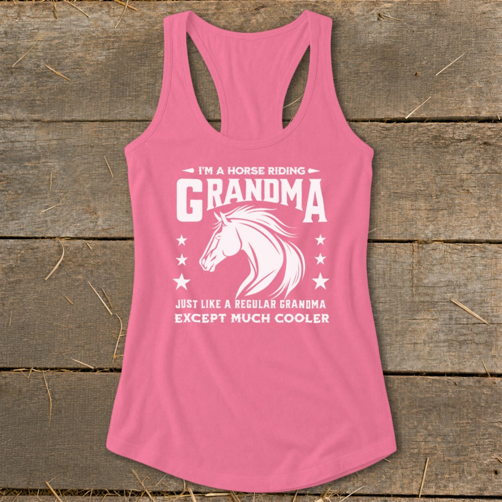 Pink tank top with "I'm a horse riding Grandma" and horse graphic.