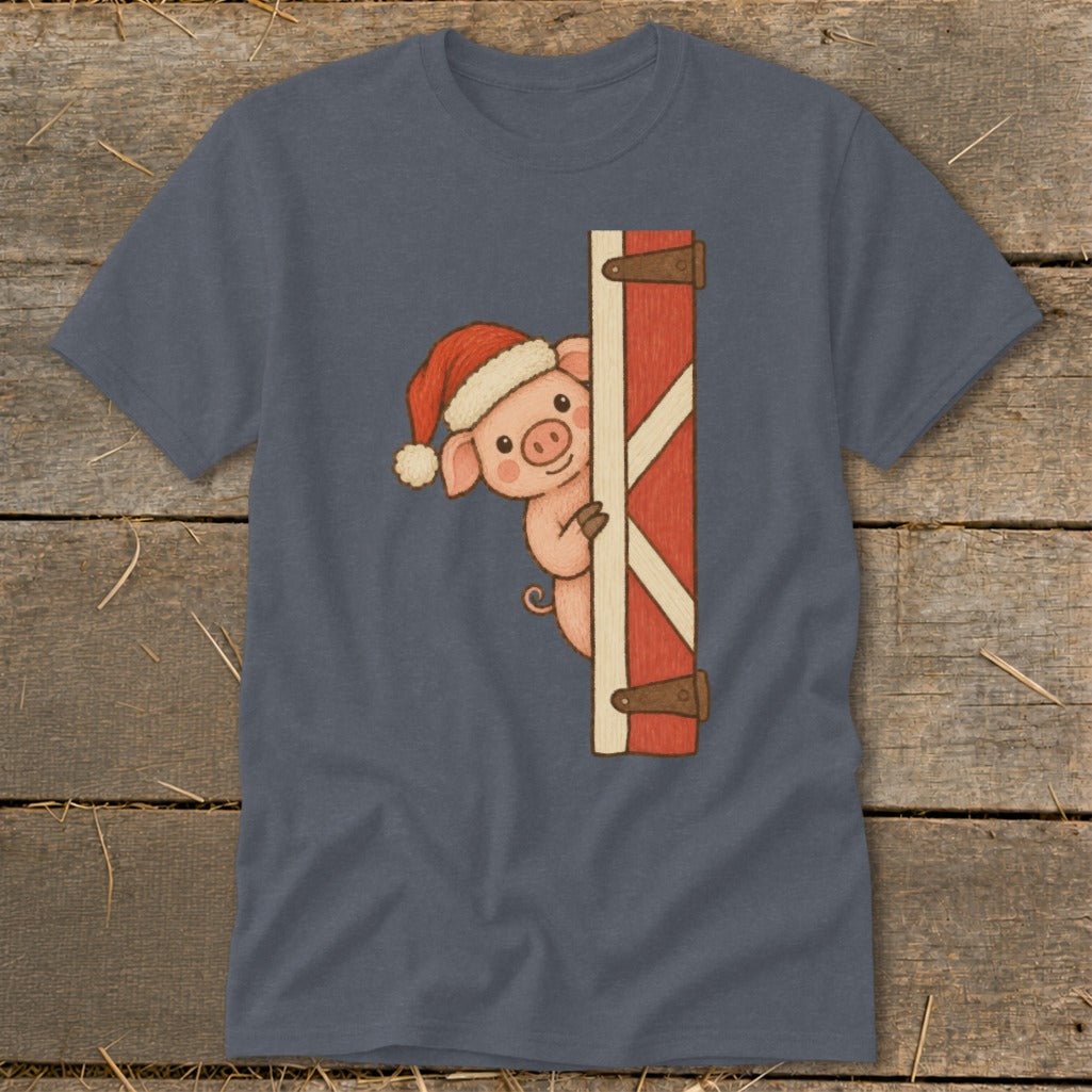 Pig wearing a Santa hat peeking from behind a barn door.