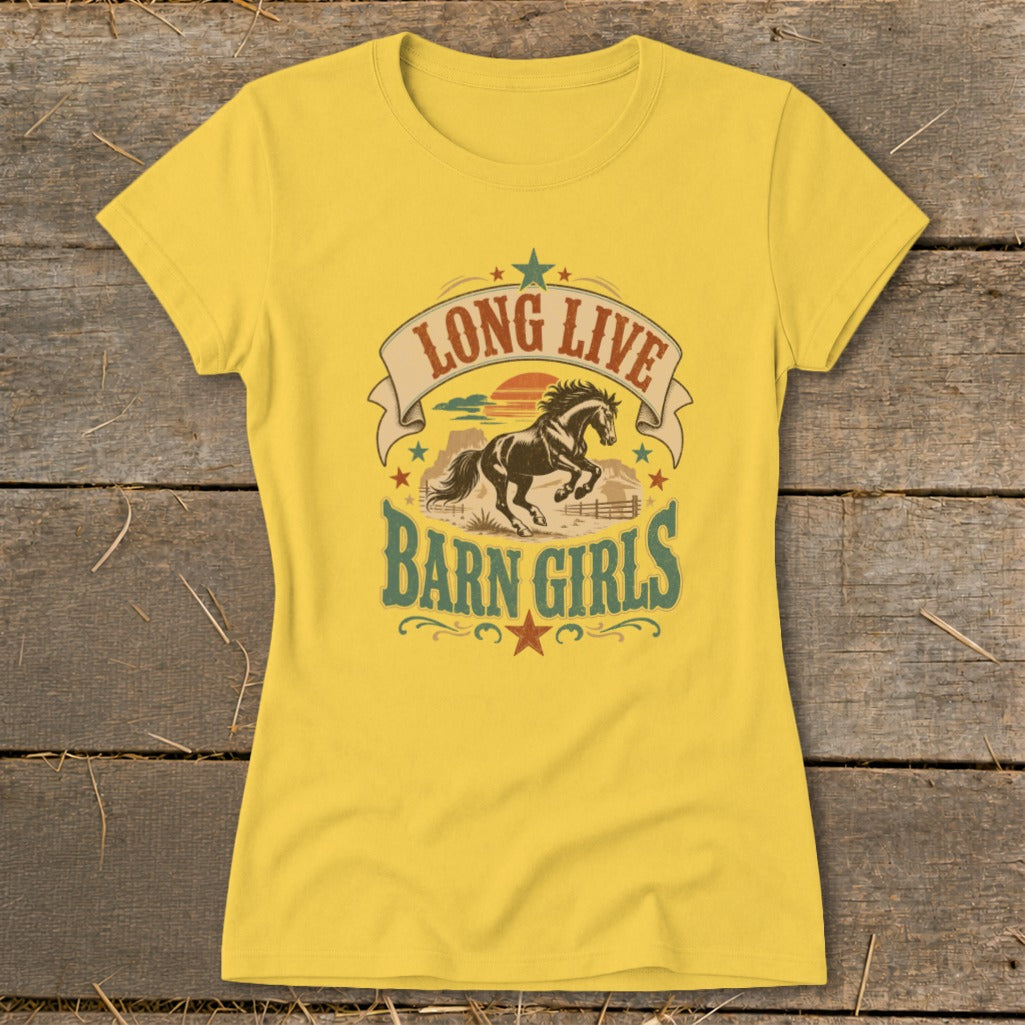 Yellow t-shirt with "Long Live Barn Girls" text and horse graphic.