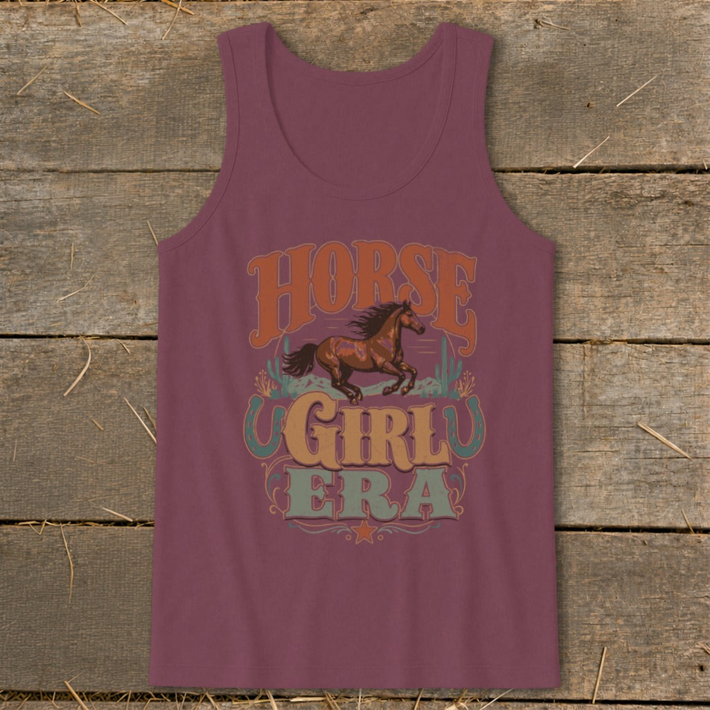 Maroon tank top with "Horse Girl Era" graphic featuring a running horse and horseshoe.