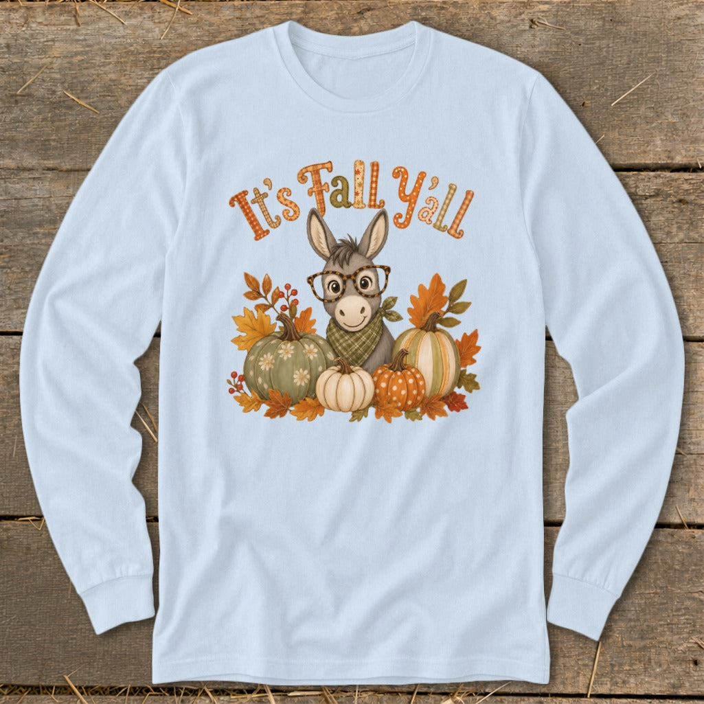 Donkey with glasses, pumpkins, and fall leaves graphic with text "It's Fall Y'all".