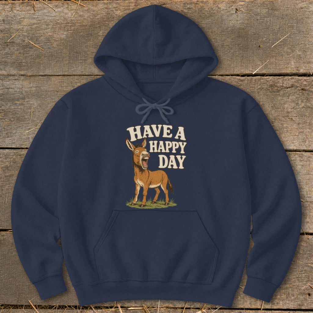 Navy hoodie with cartoon donkey and "Have a Happy Day" text.