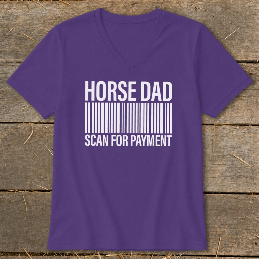 Purple t-shirt with "HORSE DAD SCAN FOR PAYMENT" and barcode graphic.