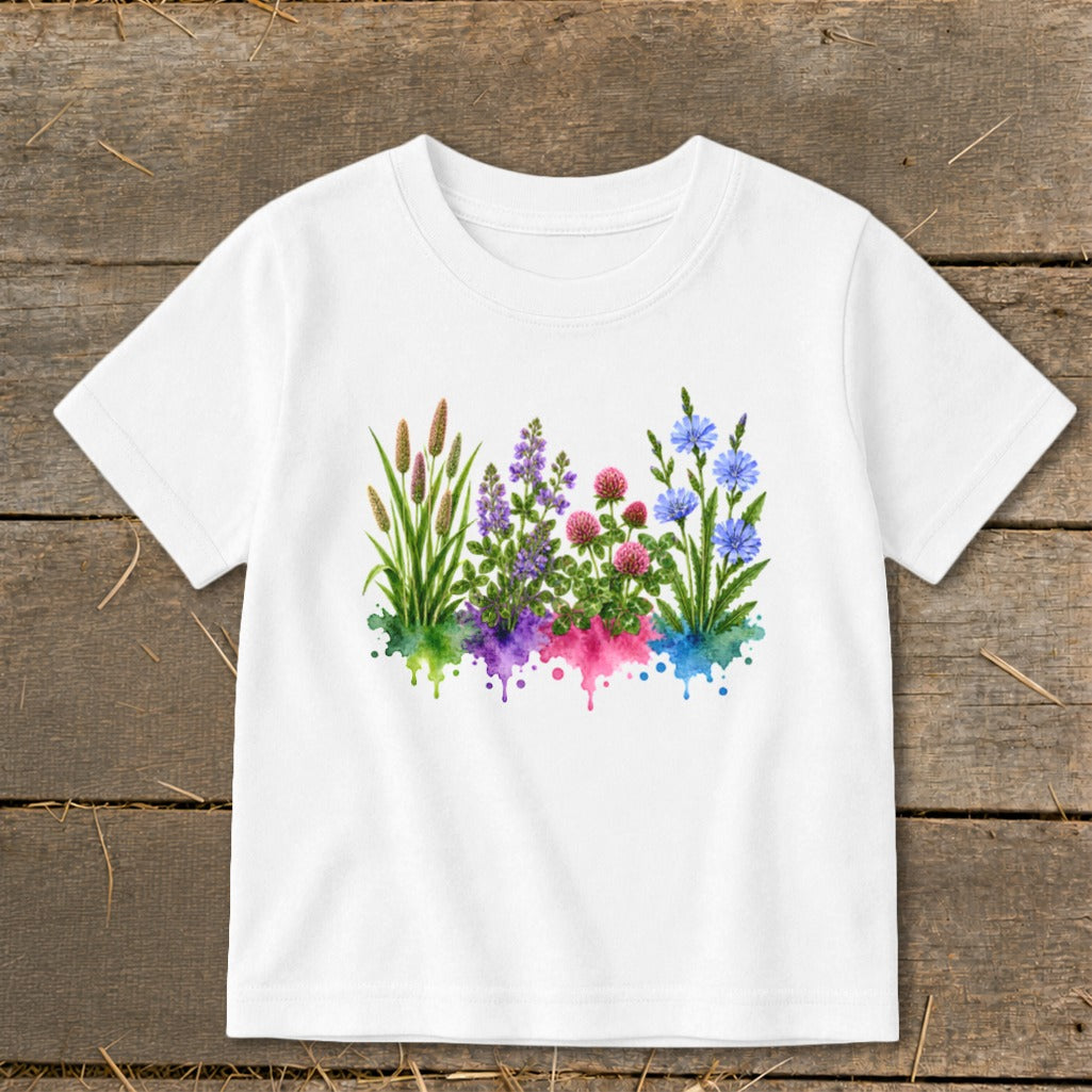 A short-sleeve white t-shirt featuring a watercolor graphic of four wild plant clusters.