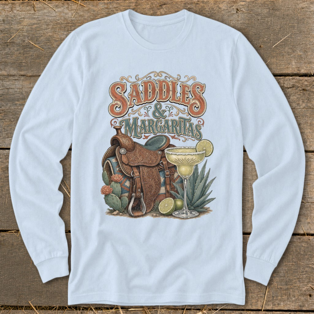 Light blue long-sleeve shirt with a vintage graphic of a western saddle, margarita, and cacti.