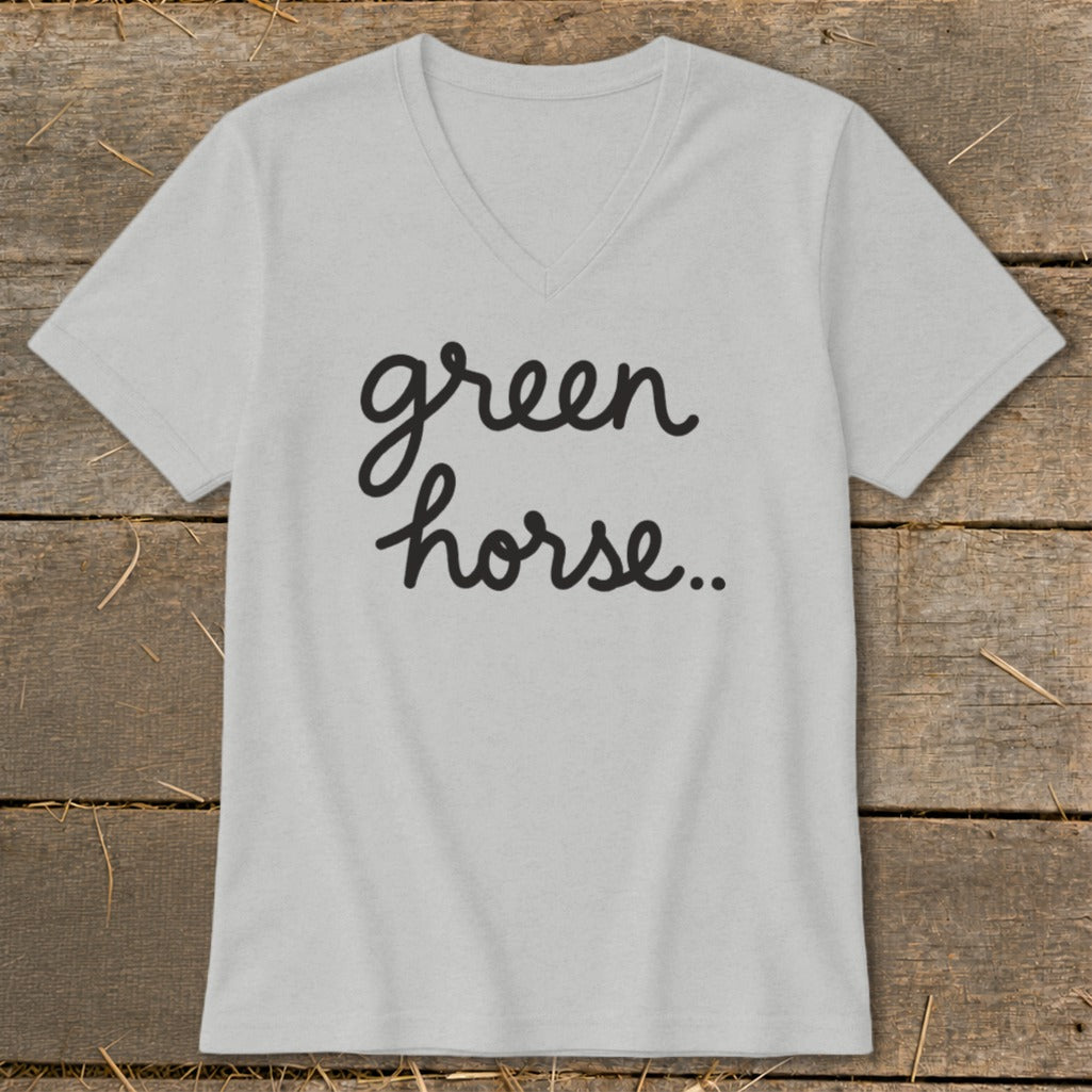 Light grey v-neck t-shirt with black script text "green horse..".