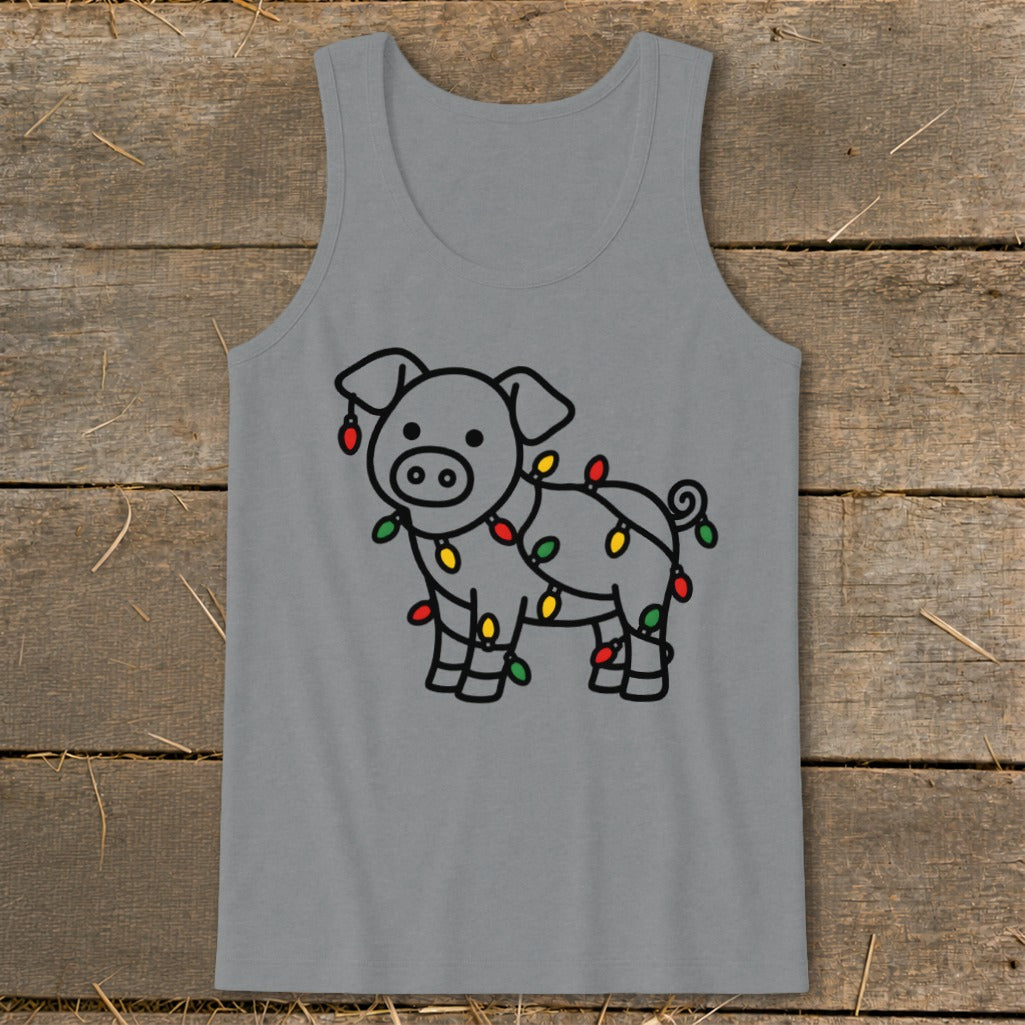 Gray tank top featuring a black line drawing of a pig wrapped in colorful Christmas lights.