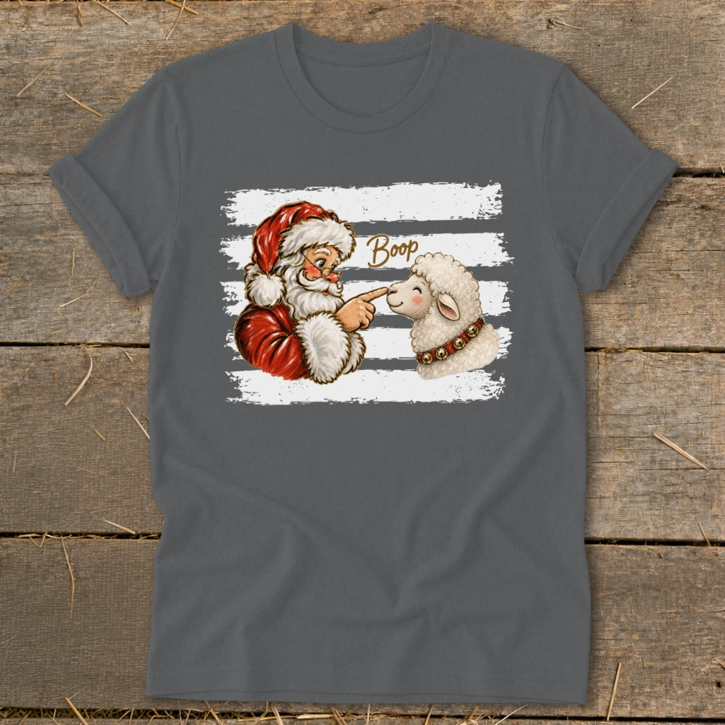 Santa booping a sheep with "Boop" text on a grey t-shirt.